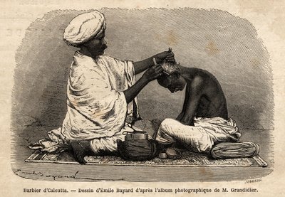 Un barbier travaillant dans les rues de Calcutta. Gravure pour illustrer le voyage dans les provinces méridionales de l