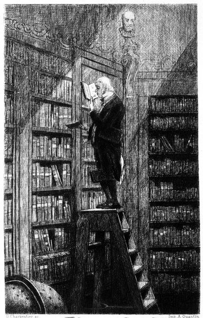 Un bibliothécaire sur son échelle examinant des livres sur des étagères. Gravure du 19ème siècle - Unknown artist