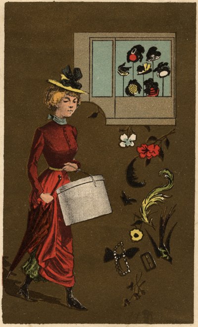 Une bourgeoise portant une boîte à chapeau, chromolithographie anonyme, fin du 19e siècle. - Unknown artist