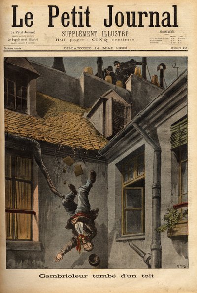 Un cambrioleur tombe des toits de la rue Notre-Dame à Nazareth, dans sa précipitation à fuir devant les policiers. Gravure dans Le petit journal 14/5/1899. Collection Selva. - Unknown artist