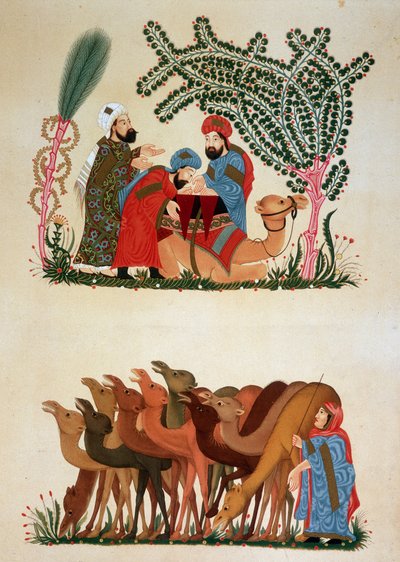 Une caravane en mouvement. Illustration du 13e siècle des "Maqamat" (Séances) par Abu Mohammed al-Kasim ibn Ali Hariri (ou Al-Hariri ou Al Hariri) (1054-1122) dans "L
