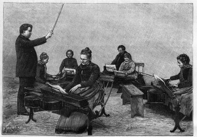 Un concert de monocordes exécuté par de jeunes filles. Gravure dans "La Nature. Revue des sciences et de ses applications aux arts et à l