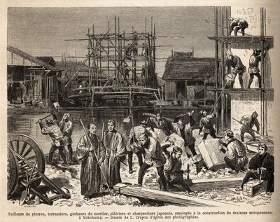 Un chantier de construction pour une maison européenne à Edo (Tokyo) avec tailleurs de pierre, terrassiers, gâcheurs de mortier, plâtriers et charpentiers employés. Gravure pour illustrer le voyage au Japon, par Aimé Humbert, ministre de la Confédération s - Unknown artist