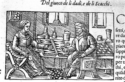 Un couple jouant aux dés. Gravure d