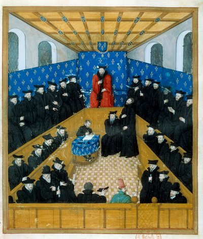 Une cour de justice au 15e siècle. Miniature. Paris, B N - Unknown artist