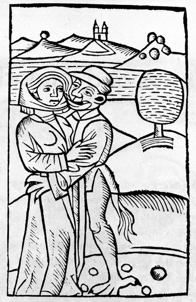 Un démon embrasse une sorcière. Xylographie allemande du 16ème siècle - Unknown artist