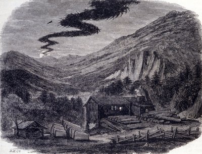 Une chasse fantastique (aérienne ou sauvage) ou Ménée (la Ménée Hellequin) ou Mesnie dans les Vosges, une tempête nocturne qui selon les légendes populaires se manifeste après une malédiction ou un sabbat de sorcières. Gravure du XIXe siècle - Unknown artist