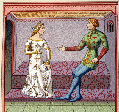 Une scène galante au Moyen Âge : un jeune homme courtise une princesse. Faux collège d