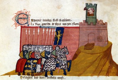 Un groupe de chevaliers francs arrive dans un château. Miniature de 
