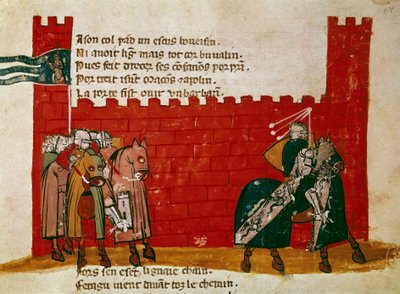 Un groupe de chevaliers quittant un château. Miniature tirée de "Entrée d