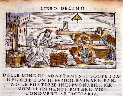 Un artilleur chargeant un canon avec des explosifs. Gravure de « De la Pyrotechnia » de Vannoccio Biringuccio 1550 - Unknown artist