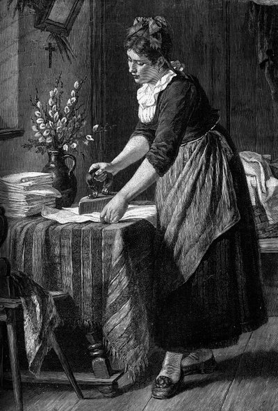Une femme de ménage fait du repassage dans une maison bourgeoise. Gravure dans le journal « La jeunesse ». - Unknown artist