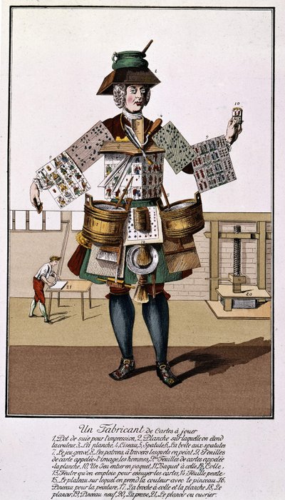 Un fabricant de cartes à jouer. Gravure du 17ème - 18ème siècle d