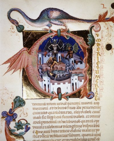 Une lettrine « A » représentant la ville du diable. Manuscrit du 14ème siècle « De Civitate Dei » de Saint Augustin. Biblioteca Comunale di Rimini - Unknown artist