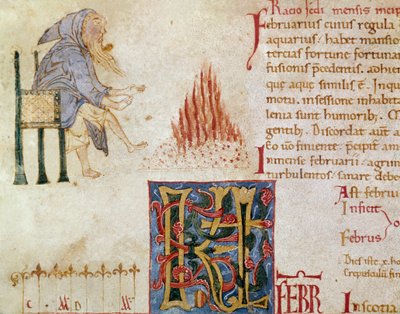 Un moine se réchauffant les pieds devant un feu, mois de février. (miniature) - Unknown artist
