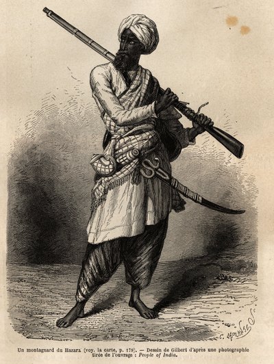 Un montagnard du Hazara (Pendjab, Inde). Gravure pour illustrer le voyage au Pendjab et au Cachemire, récit par Guillaume Lejean, en 1866, publié dans « Le tour du monde, nouveau journal des voyages » - Unknown artist