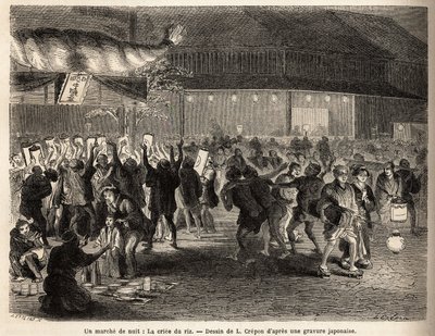Une promenade nocturne à Edo (Tokyo), la vente aux enchères de riz, vente aux enchères d