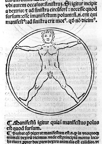 Une page de «Philosophiae Pauperum» par Saint Albert le Grand (= Albertus Magnus 1206 - 1280). Illustration représentant un homme dans un cercle. Brescia 1493 - Unknown artist