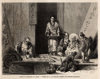 Un atelier de sculpture à Yedo (ou Edo, Tokyo actuel), taillant du granit pour la fabrication de piliers, statuettes, candélabres et pierres tombales, ainsi que la sculpture sur bois, pour la fabrication de panneaux d