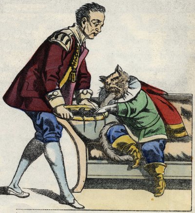 Un serviteur sert au chat botté un plateau de souris. Illustration du conte « Le Chat botté » de Charles Perrault - Unknown artist