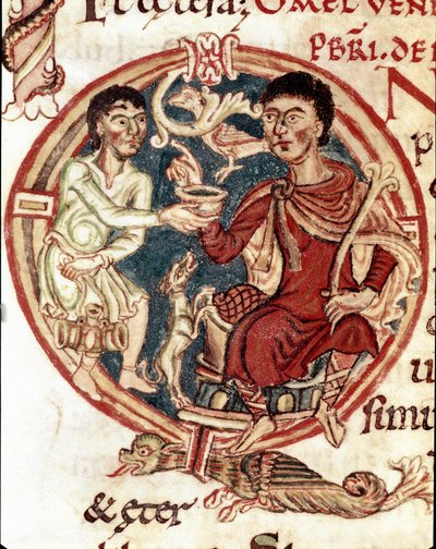Un serviteur servant à boire au seigneur Miniature du « Lectionnaire de la Cathédrale de Reims » XIe siècle - Unknown artist