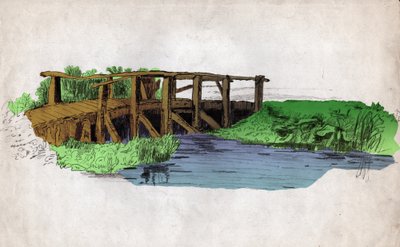 Petit pont en bois sur une rivière - Unknown artist