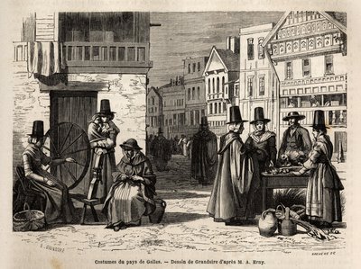Une rue au Pays de Galles, avec des habitants vêtus de costumes traditionnels, et des activités quotidiennes : une famille et des femmes filant la laine avec des rouets. Gravure pour illustrer un voyage au Pays de Galles, en 1862, par Alfred Erny, dans « L - Unknown artist