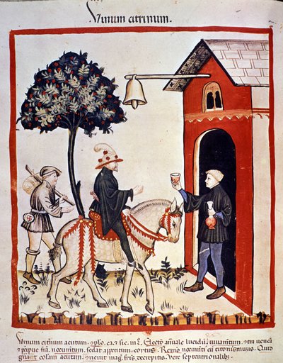 Un voyageur est accueilli dans une auberge et se voit offrir un verre de vin. Enluminure du Tacuinum sanitatis - Unknown artist