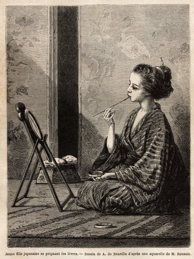 Une jeune fille de Yedo (ou Edo, Tokyo actuel), se peignant les lèvres devant son miroir, a à ses côtés la boîte laquée contenant ses nécessaires : peignes, brosses et épingles à cheveux, poudre dentifrice, poudre de riz et autres cosmétiques. Gravure pour - Unknown artist