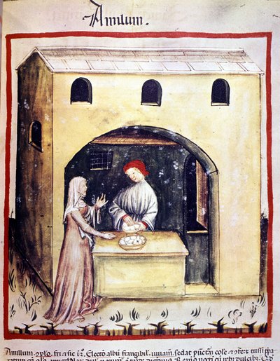 Une jeune femme achète des œufs à un commerçant. Illustration du Tacuinum sanitatis - Unknown artist