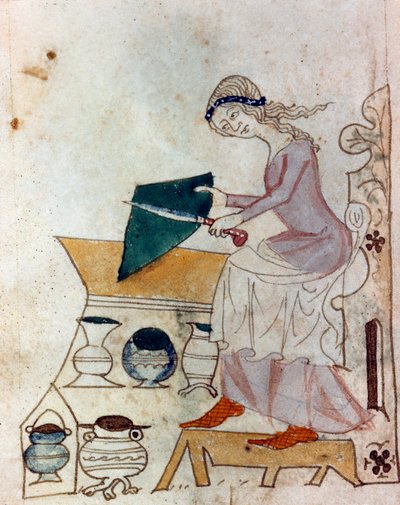 Une jeune femme aiguisant un couteau. Miniature tirée d