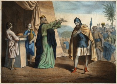 Abraham, victorieux des quatre rois, reçoit la bénédiction de Melchisédech (Melchisédec ou Melchizedek ou Melkisedeq ou Melki-Tsedeq ou Melki Tsedeq), roi de Salem. Gravure anonyme du milieu du XIXe siècle. - Unknown artist