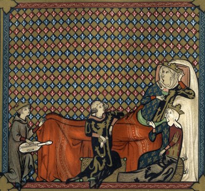 Adenet le Roi (vers 1240 - vers 1300), poète et ménestrel, récite le roman de Cléomadès, devant Mathilde de Brabant (1224-1288) et la princesse Blanche de Castille (fille de Saint Louis). Fac-similé en chromolithographie du XIXe siècle d