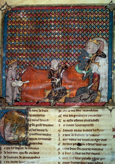 Adenet le Roi (vers 1240 - vers 1300), poète et ménestrel, récite le roman de Cléomadès, devant Mathilde de Brabant (1224-1288) et la princesse Blanche de Castille (fille de Saint Louis). Miniature d