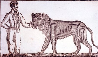 Publicité pour le cirque en 1800 représentant un dompteur mettant sa main dans la bouche d