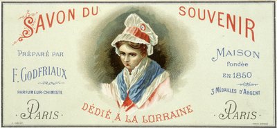 Étiquette publicitaire du « Savon du souvenir, préparé par F. Godfriaux - Maison fondée en 1850 ». Chromolithographie du 19e siècle - Unknown artist
