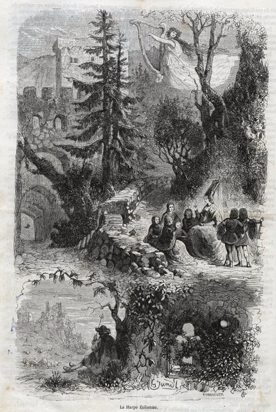 Harpe éolienne - instrument de musique joué par le vent - gravure de 1860 - Unknown artist