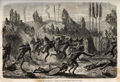 Après la cérémonie de don de soi au Grand Esprit, les jeunes guerriers embrassent une danse frénétique et débridée, les plus faibles traînent sur le sol, parmi les Indiens Mandans (ou noumah ka kie : faisans), sur la rive gauche du Missouri. Gravure pour i - Unknown artist