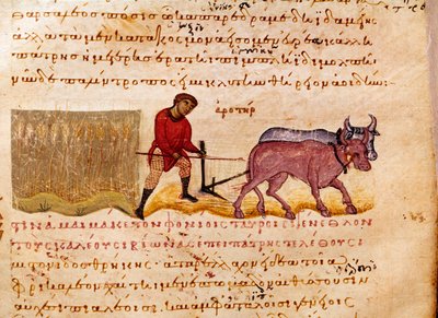 Agriculture : scène de labour. Miniature tirée de "Les Cynégétiques" d
