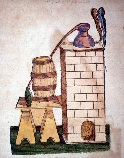 Alchimie : appareil de distillation. Gravure d