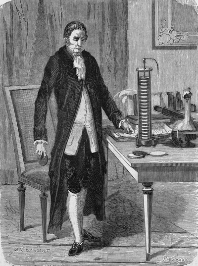 Alexandre (Alessandro) Volta a construit, en décembre 1799, le moteur électrique (ou batterie). Dans « Album de la Science », Éditions Jouvet - Unknown artist