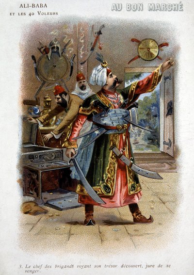 Ali Baba et les 40 voleurs (contes des mille et une nuits) : Le chef des voleurs voyant son trésor découvert, jure de se venger - Carton de la «Bonne Marche», fin du 19e siècle - Unknown artist
