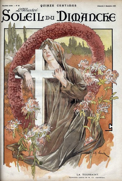 Toussaint. Allégorie de la fête des morts avec une femme en tenue de deuil sur une croix catholique dans un cimetière. Gravure dans "Le sun-du-dimanche", 5 novembre - Unknown artist