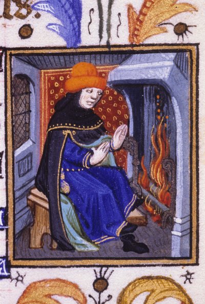 Représentation allégorique de février. Un homme se réchauffe devant sa cheminée. Miniature d