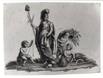 Allégorie de la République Cisalpine (Cisalpina) créée par Napoléon Bonaparte le 27/06/1797 sur le modèle français en Italie, devenue la République Italienne en 1802. Les symboles de la République Française sont représentés. Gravure Museo del risorgimento, - Unknown artist