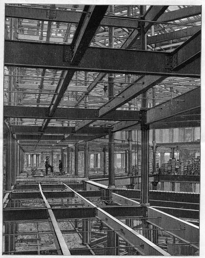 Constructions en fer américaines - la structure du Palace Hotel à Denver, Colorado - gravure dans « La Nature » de 1892 - Unknown artist