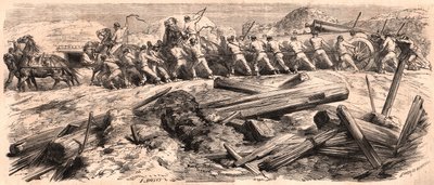 Parmi les ruines, une équipe de six chevaux tirant une pièce d