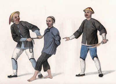 Un accusé est emmené en prison, attaché par une chaîne autour du cou. Gravure, dans Les Châtiments des Chinois, Londres - Unknown artist