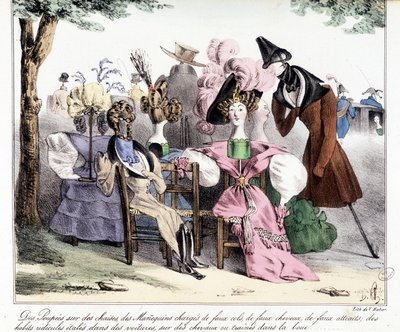 Description ironique de la mode bourgeoise du 19ème siècle : Poupées sur des chaises, modèles chargés de faux cols, faux chevaux, fausses attractions ; vêtements ridicules étalés dans des voitures, sur des chevaux ou traînés dans la boue. Dans La silhouett - Unknown artist