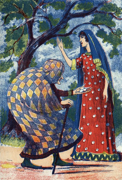 Une vieille dame donne quatre œufs à Florine. Illustration anonyme pour le conte « L